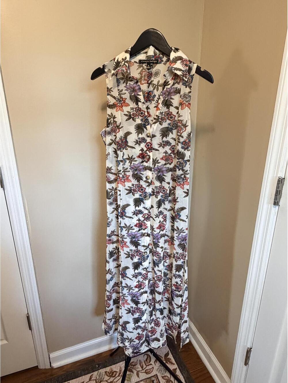 Always Indigo Floral Button Front Maxi Dress Medium Boho Sleeveless Dress